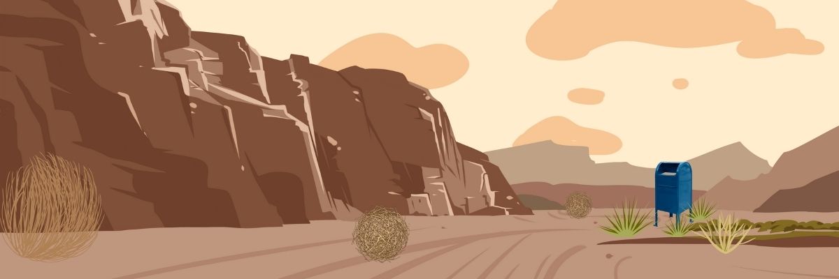 “Illustration of a lonely mailbox in a desert landscape, suggesting missed or delayed card delivery and overall decline of sending greeting cards.